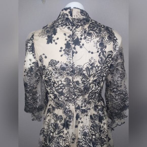 Vicky and Lucas Puff Sleeve Embroidered Floral Black Lace Mesh Dress - Picture 12 of 16